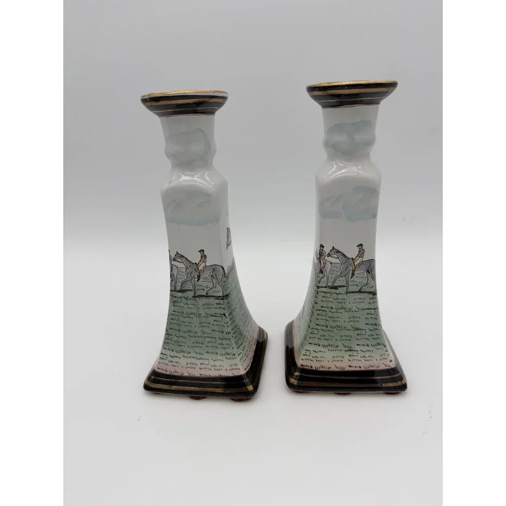 Vintage Chinese Equestrian Hand-Painted Porcelain Candle Holder by Nieman Marcus